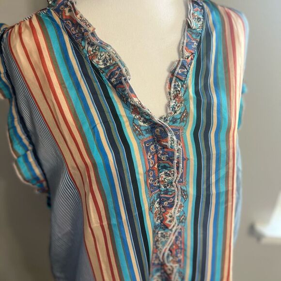 Johnny Was Ophelia Silk Striped Printed Flowy Oversized Blue Blouse Size S - Picture 11 of 14